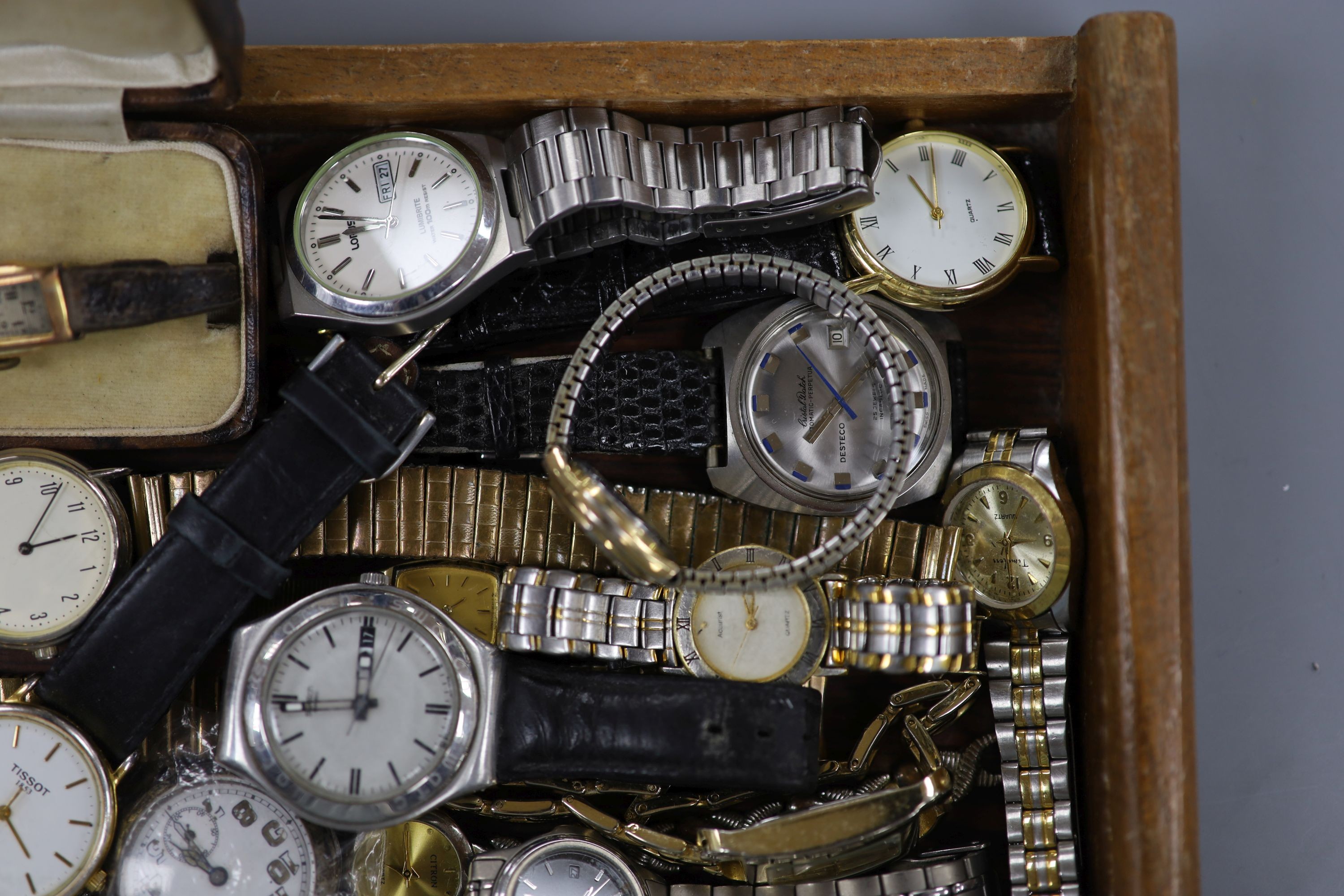 A lady's 9ct gold cased manual wind wrist watch and a quantity of assorted wrist and pocket watches.